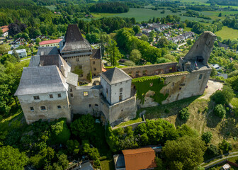 Fototapeta na wymiar Aerial view of Lipnice nad Sázavou Castle in Czechia built in late Gothic and Renaissance style, rectangular Samson tower keep serves as observation deck
