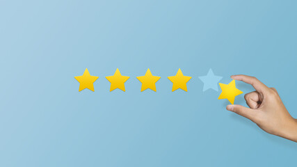 Hand of client show giving five star rating. Service rating, feedback, satisfaction concept