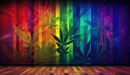 Background with a marijuana leaf under colorful strips