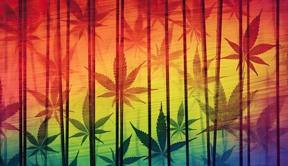 Background with a marijuana leaf under colorful strips