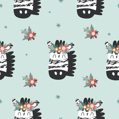Seamless pattern with zebras and flowers. This collection is perfect for creating book and notepad covers, art prints, postcards, stickers, posters, collages, branding, social media, clothing.