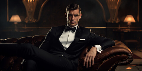 Mann im Smoking Anzug im Stil von James Bond au einer edlen Couch im Raum, ai generativ