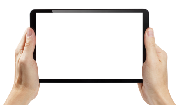 Hands holding black tablet, cut out