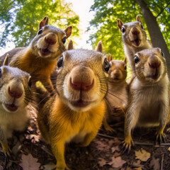 Captivating group of curious squirrels taking a funny, amusing selfie from above; charming moment that evokes playfulness and delight - perfect for a heartwarming project. Generative AI
