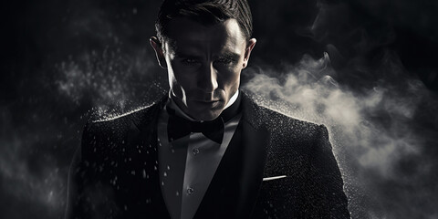 Mann im Smoking Anzug im Stil von James Bond und Nebel im Hintergrund, ai generativ
