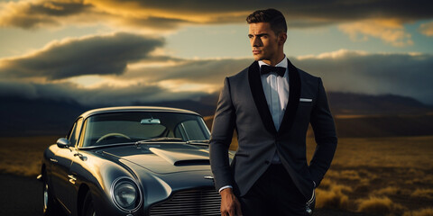Mann im Smoking Anzug im Stil von James Bond und einem Auto im Hintergrund, ai generativ