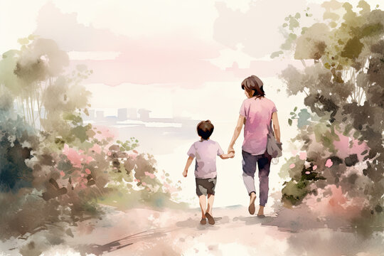 Watercolor illustration of mother holding her son, Love symbol of family concept
