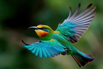 Beautiful tropical bird in flight on blurry background