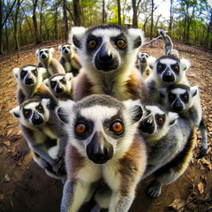 Captivating group selfie of cheerful lemurs from above, offering a delightful and amusing perspective, evoking joyous emotions for any wildlife lover. Generative AI