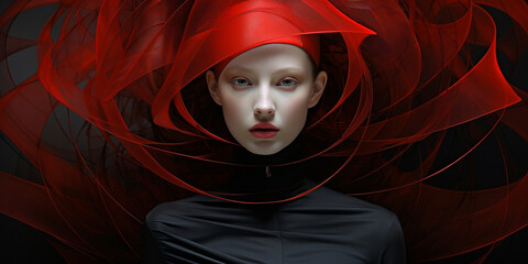 Hübsches Frauen Gesicht blass mit roten fliegenden Kopftuch Poster Nahaufnahme, ai generativ