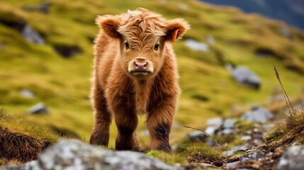 Fototapeta premium Cuta baby mountain cow.