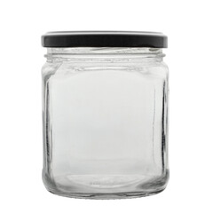 Transparent empty jar with a lid, for conservation. Isolated on a white background.