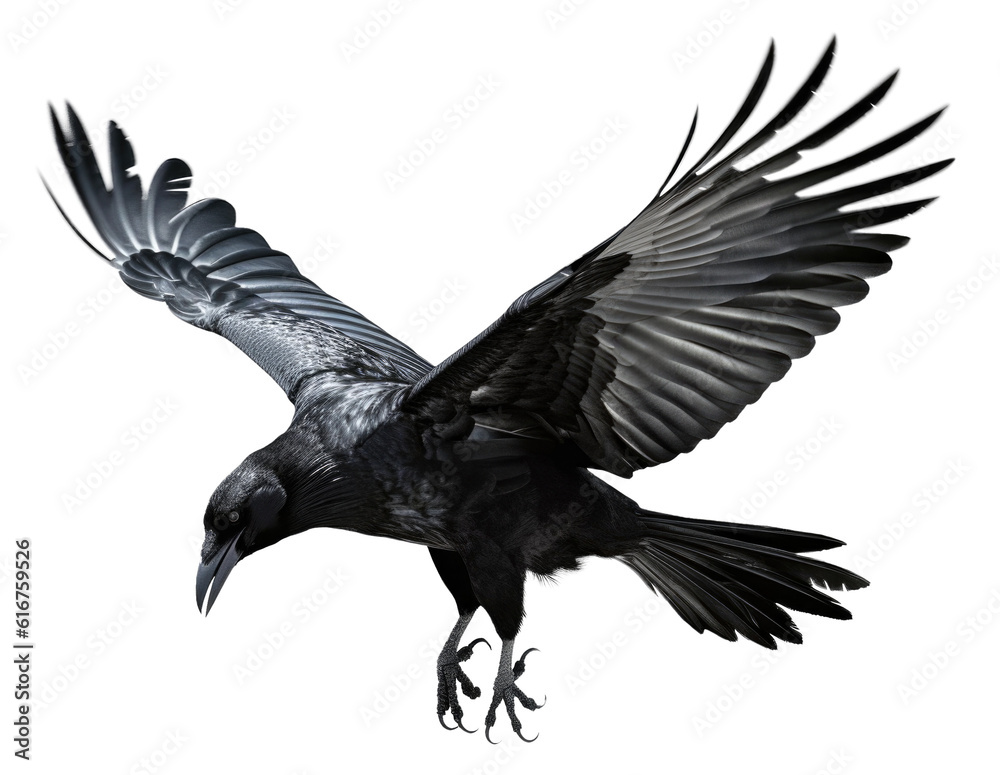 Wall mural raven flying isolated on transparent background - generative ai
