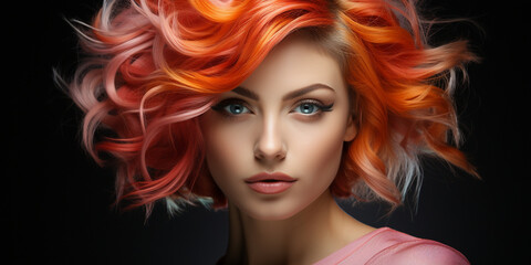 Hübsche Frau mit gefärbten und gelockten Haar mit modernster Frisur und edlen Visagistik Make up als Poster Nahaufnahme, ai generativ - obrazy, fototapety, plakaty