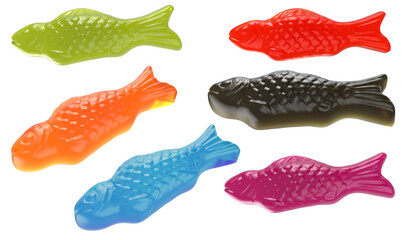 Isolated red fish shaped gummy jelly candy. Isolated on background. 3d illustration. Design elemenet. clipping path.