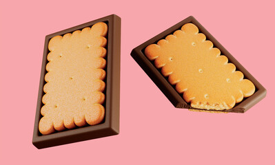 Chocolate with biscuit. Delicious  Choco biscuit. 3d illustration. Isolated on background. Clipping path. design element. 