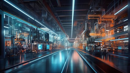 Fototapeta premium A futuristic image illustrating the concept of a smart factory. Advanced technology like AI, IoT and robotics in manufacturing processes for greater efficiency and productivity. Generative AI