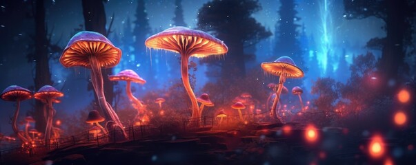 Neon Dreamlike Macro Photo of Psilocybin Magic Mushrooms in a Forest