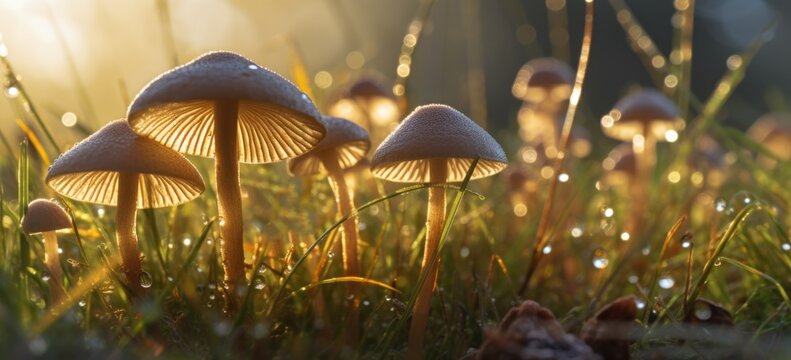 Psilocybe Cubensis Golden Ticher Mushrooms in Grass with Sunbeams