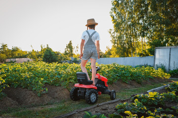 child girl admires the sunset standing on a pedal tractor in the backyard in the garden in the village.