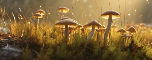 Golden Psilocybe Cubensis Mushrooms in Sunlit Grass