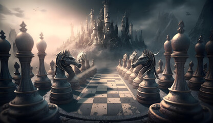 Ancient chess pieces on chessboard. Fantastic battlefield. AI generated