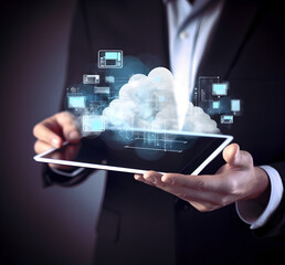 Fototapeta premium Cloud data storage, cloud computing and data transfer concept. AI generated