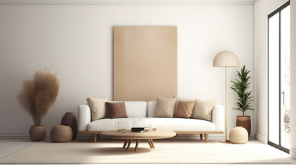 Stylish Living Room Interior with Mockup Frame Poster, Modern interior design, 3D render, 3D illustration