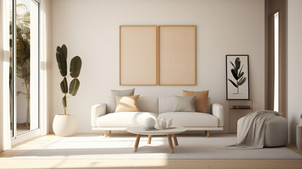 Stylish Living Room Interior with Mockup Frame Poster, Modern interior design, 3D render, 3D illustration