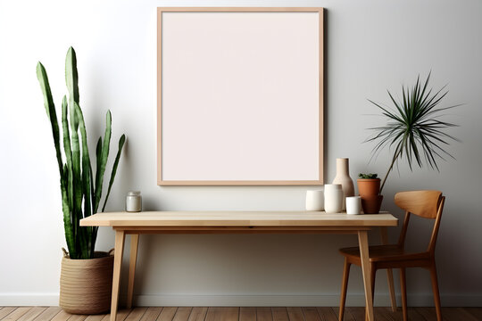 Empty wooden picture frame mockup hanging on pastel wall. Boho-shaped vases with dried flowers and house plants on table. Working space, home office. Modern interior. Generative AI technology