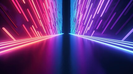 Abstract 3D render with pink and blue neon lines glowing in ultraviolet spectrum going up creating futuristic cyber space laser show wallpaper illustration