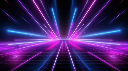 Obraz premium Neon light lines with blue and pink glow abstract minimalist geometric show stage background colorful glowing lines on black background Generative AI