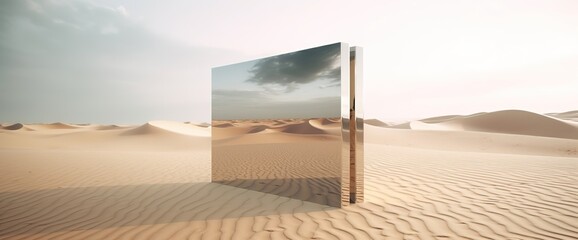 Large rectangular mirror on sand desert reflection futuristic landscape geometric surrealism photorealistic scenes orientalist landscapes abstract surreal concept 3D Illustration - obrazy, fototapety, plakaty
