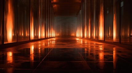 Flame rising in large mirror hall with reflection on floor orange blazing fire 3d rendering mystical design illustration poster book computer game Generative AI