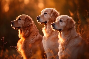 Three beautiful dogs golden retriever in autumn forest at sunset