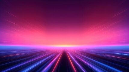Purple night sky and road with blue pink neon lines stage designs, perspective glowing rays dynamic background, illustration poster Generative AI