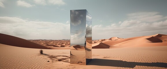 Large mirror at sand desert photorealistic scenes orientalist landscapes geometric surrealism abstract surreal concept 3D Illustration - obrazy, fototapety, plakaty