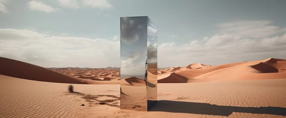Keuken spatwand met foto Large mirror at sand desert photorealistic scenes orientalist landscapes geometric surrealism abstract surreal concept 3D Illustration © Iaroslav Lazunov