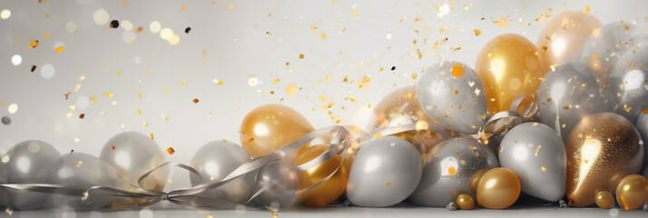 Heap of golden and silver gray metallic balloons and confetti on glistering background. Birthday, holiday or party background. Empty space for text. Festive greeting card. Created with generative Ai