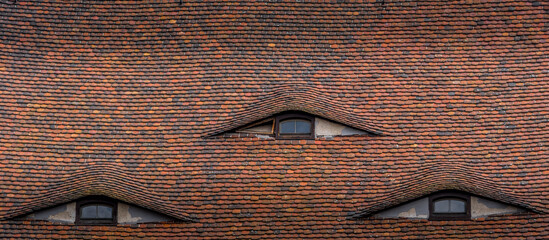 Triple eyebrow dormer window on the roof of a baroque house in Gorlitz ventilation system for the...