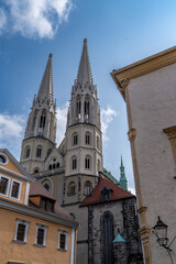 Obraz premium Pfarrkirche St. Peter und Paul Landmark Gothic evangelical church noted for its soaring twin spires, copper roof in Gorlitz Germany