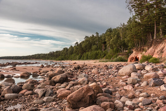 Ezhurgas cliffs (latvian: Ežurgas klintis) on Baltic sea shore in Latvia on summer day