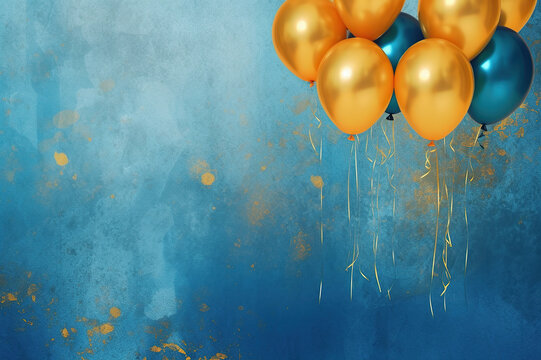 Holiday background with golden and blue metallic balloons, confetti and ribbons. Festive card for birthday party, anniversary, new year, christmas or other events. Created with generative Ai