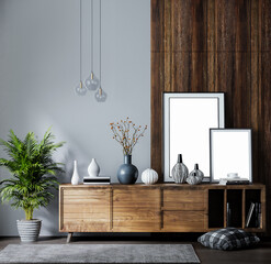 Wooden furniture with decorative objects and lamp, interior design ideas, Stylish living room with wooden chest of drawers, potted plants and beautiful picture frame indoor plant  Interior design © Farid