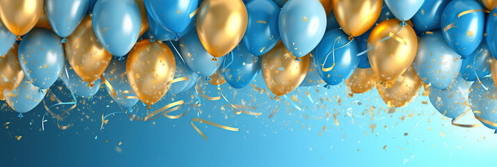 Holiday background with golden and blue metallic balloons, confetti and ribbons. Festive card for birthday party, anniversary, new year, christmas or other events. Created with generative Ai - obrazy, fototapety, plakaty