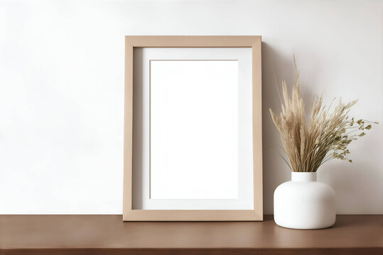 Blank vertical picture frame mockup on the wooden desk, Dry plant with white pot, home interior, office interior, modern interior