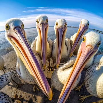 Captivating pelican selfie from above, showcasing amusing expressions for a hilarious and fun group moment, evoking laughter and joy. Perfect for lighthearted content. Generative AI