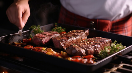 A close-up shot of a stylish man's hands skillfully seasoning a sizzling pan of steak, showcasing his culinary expertise Generative AI