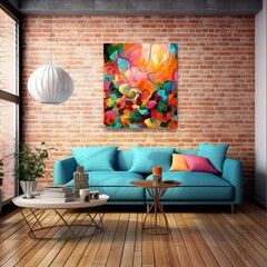 Blue sofa in the living room with the painting on the wall, brick wall, Generated Ai image