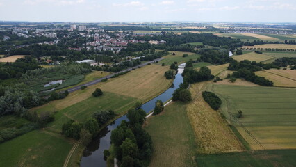 Aerial view of a section of Nidda, a tributary of the river Main, Hesse, Germany.